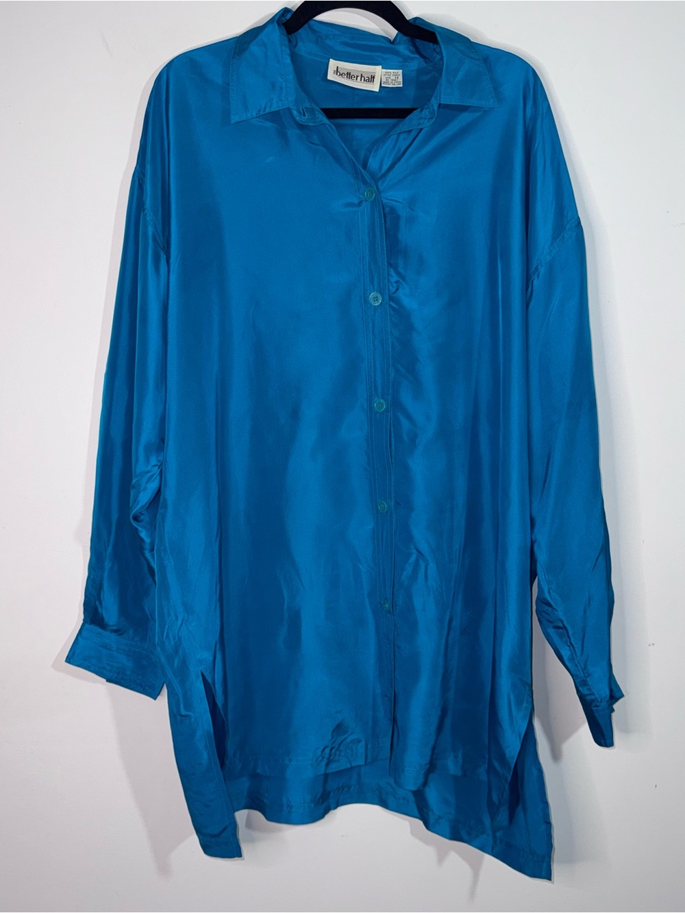 100% Silk Tunic Blouse 1X Blue Oversized Button Front Shirt Plus Size